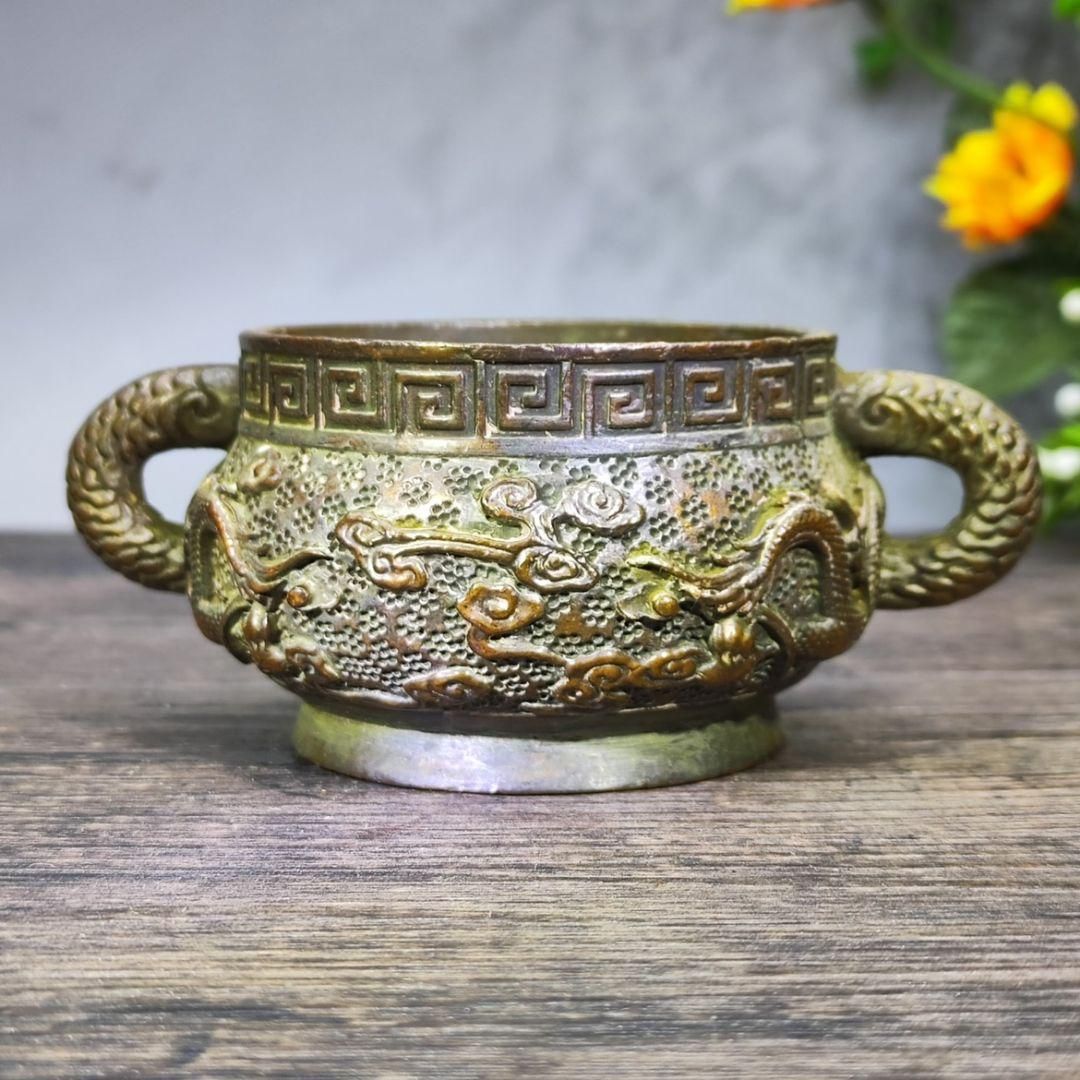 新年ギフト銅 細工 双龍戯珠銅壺 双獣頭香炉 筆洗 工芸品 節約 置物
