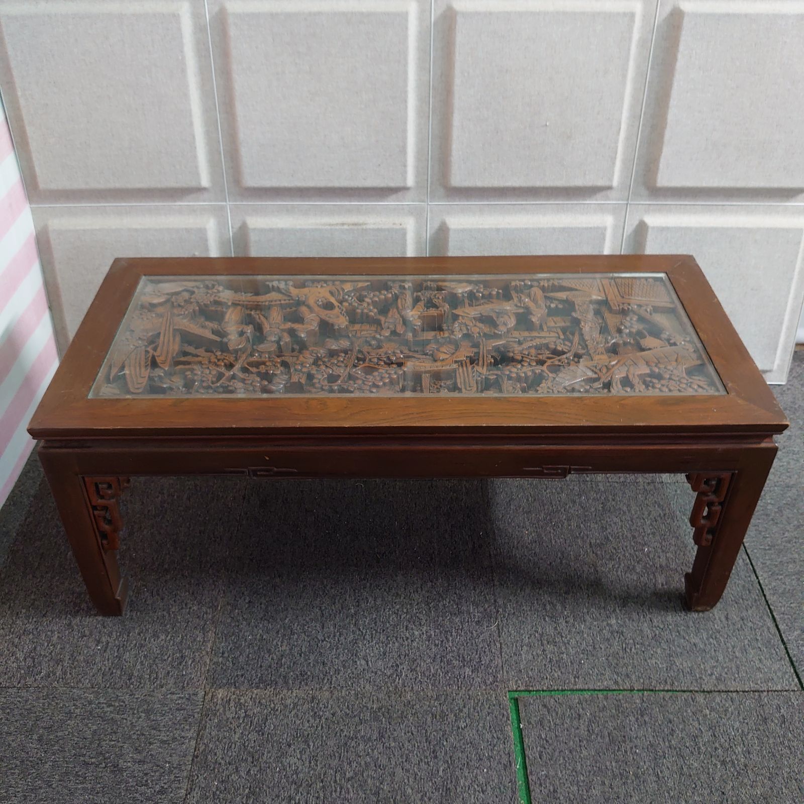 木彫り テーブル ガラス アンティーク レトロ