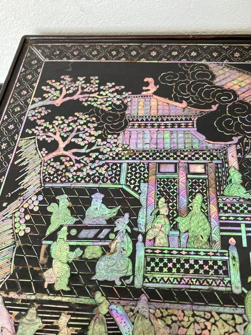 MA732】時代 中国美術 人物文 螺鈿細工 二段卓 花台 木製 香炉台 MA732】