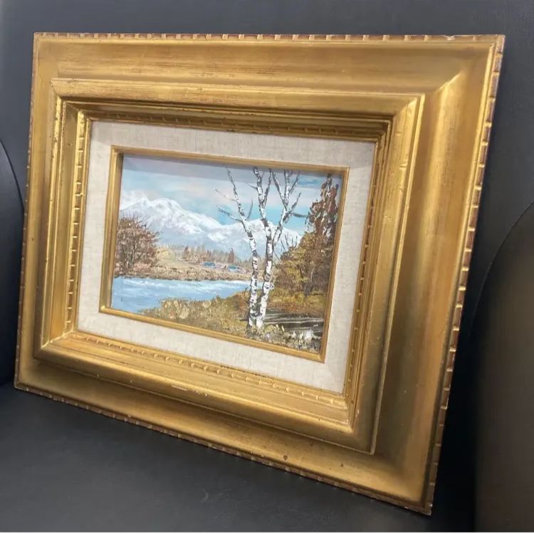 川合修二 購入 白樺と山の風景 油彩画 油絵 白樺 川合修二 白樺 油彩