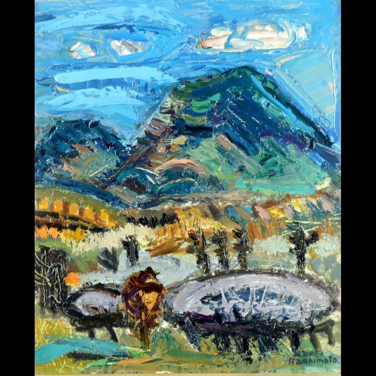 iΦ【真作】箱崎正秋 山湖 共シール 絵画 日本画 10号 肉筆 美術品 iΦ