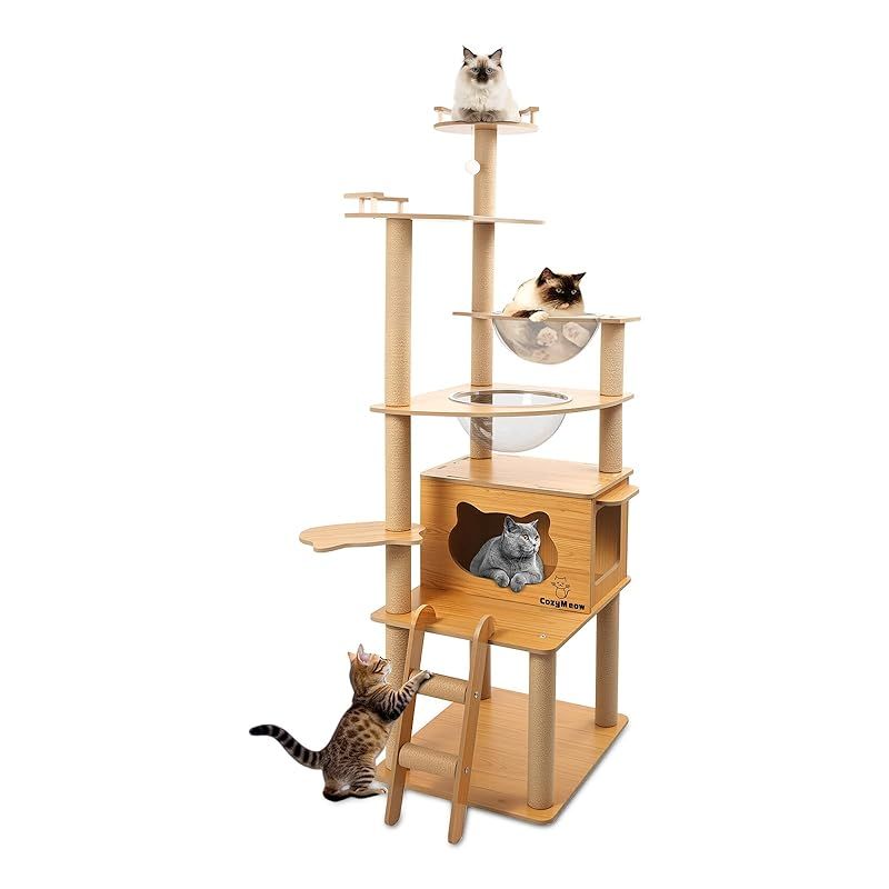 CozyMeow キャットタワー 木製 スリム 宇宙船 据え置き 厚さを増した
