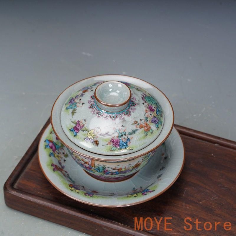 景徳鎮 陶磁器 百子図三才蓋碗 茶碗 茶道具 煎茶器 新品未使用zw0829