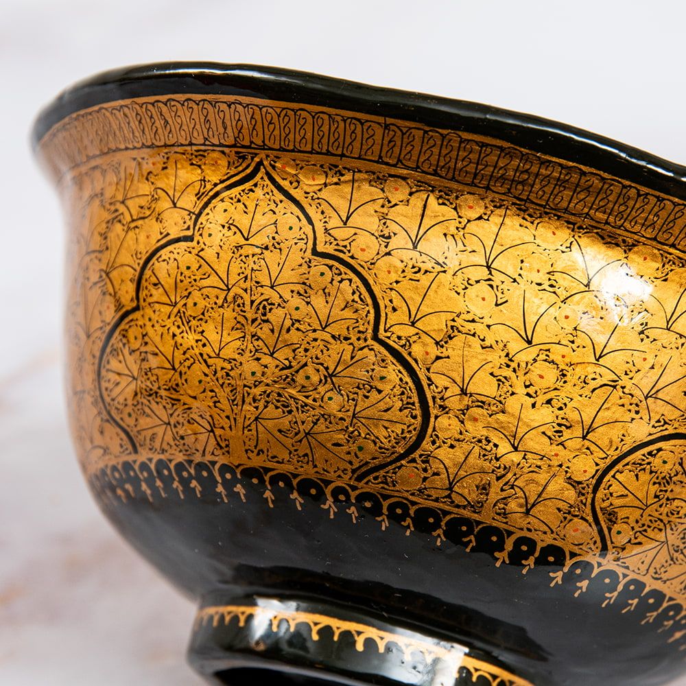 超高精細・一点もの】カシミールのペーパーマッシュ 黒地に黄金の樹 椀型