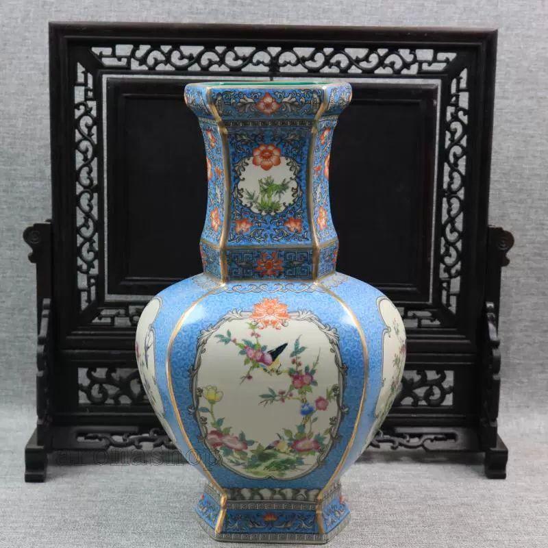 琺瑯彩蒔絵花鳥六方賞瓶 挿花器 景徳鎮 陶磁器 装飾品 現代工芸品 美術