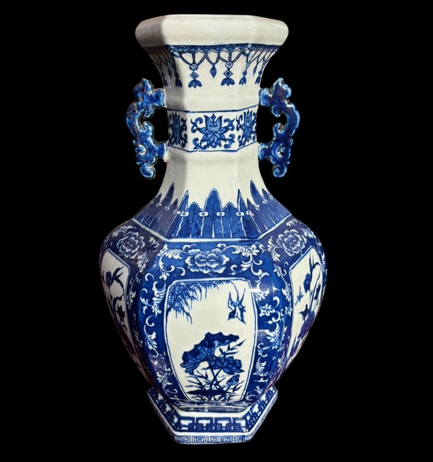 中国現地買付 六角壺 [鳥山水風景絵] 取手付き 中国雑貨 壺 フラワー