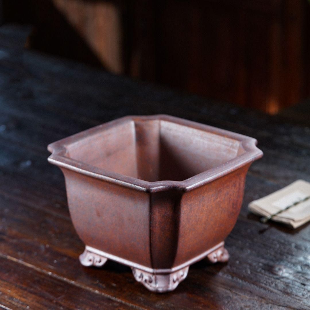 紫砂の鉢 盆栽鉢外縁釘彫鉢◇中国宜興◇ 紫砂の鉢