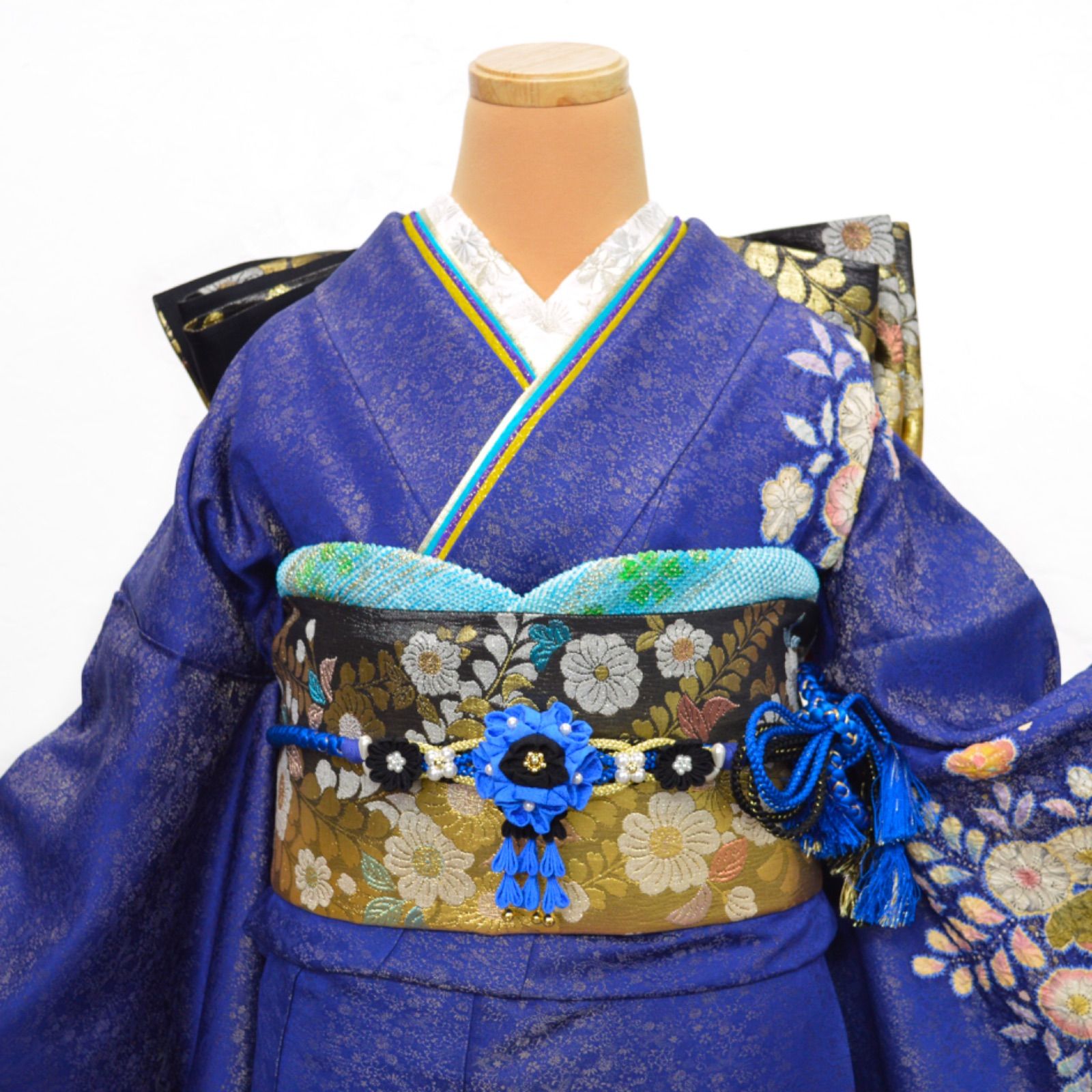 美品》正絹 振袖フルセット M〜LLサイズ 辻が花 落款あり 成人式 青地