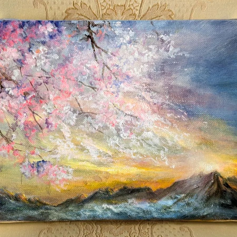 風景画 油絵 桜風景画【1点物】 画家本人出品 ファインアート 一点もの