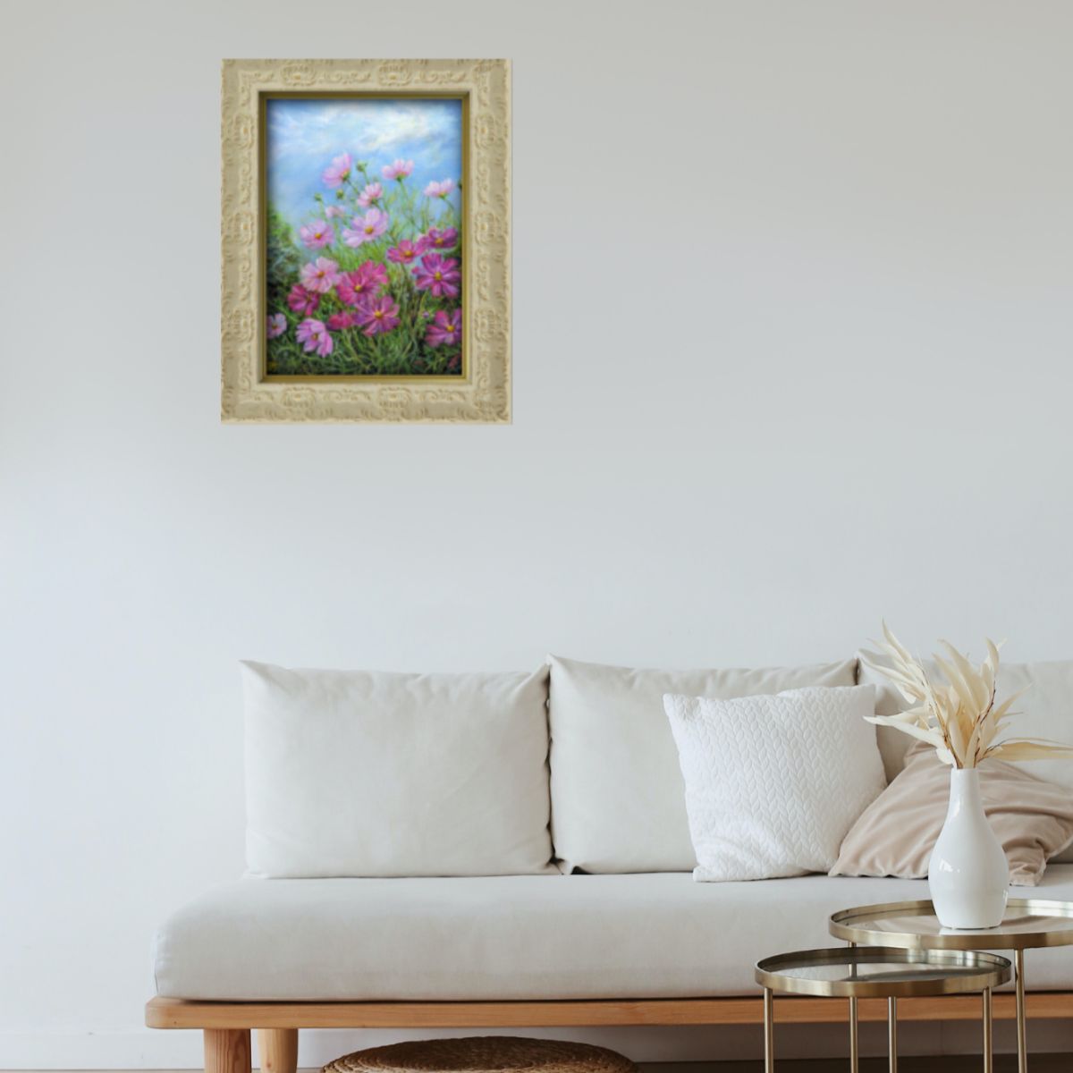 コスモス風景画 painterTMK真筆 「光が舞い降りて…」花の風景画 肉筆 秋の