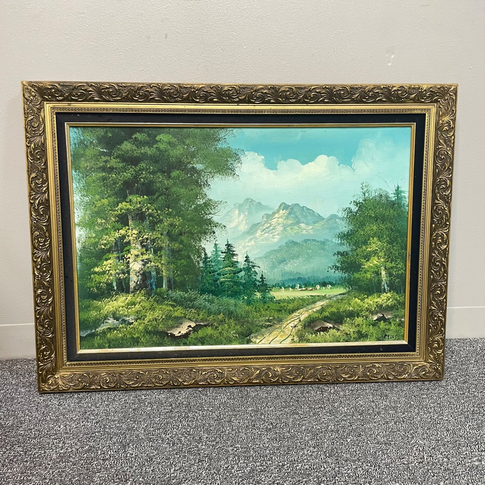 絵画 インテリア 絵 額付(青緑＋金色の枠) 油絵 uF6-113302 花 絵画