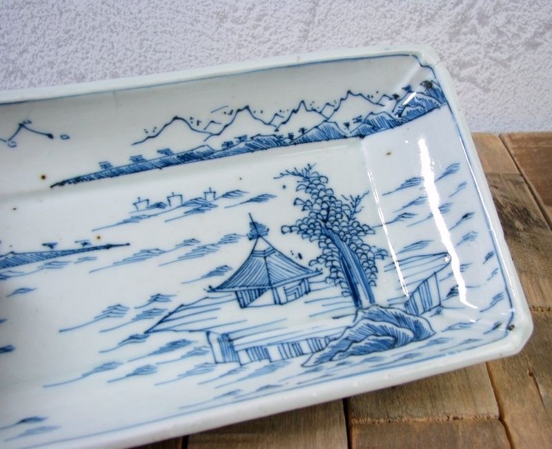 注文 古伊万里 染付 山水楼閣文長皿5枚 幅：17cm 江戸後期/24e047 古