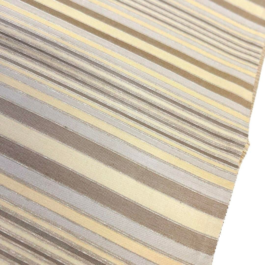 未着用 全通 袋帯 ムガシルク 金銀糸 横縞 ベージュカラー 着物 071a p