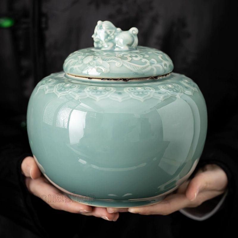 中国美術 茶筒 茶器 茶入れ 青磁 茶道具 麒麟紋 送料込み 中国美術