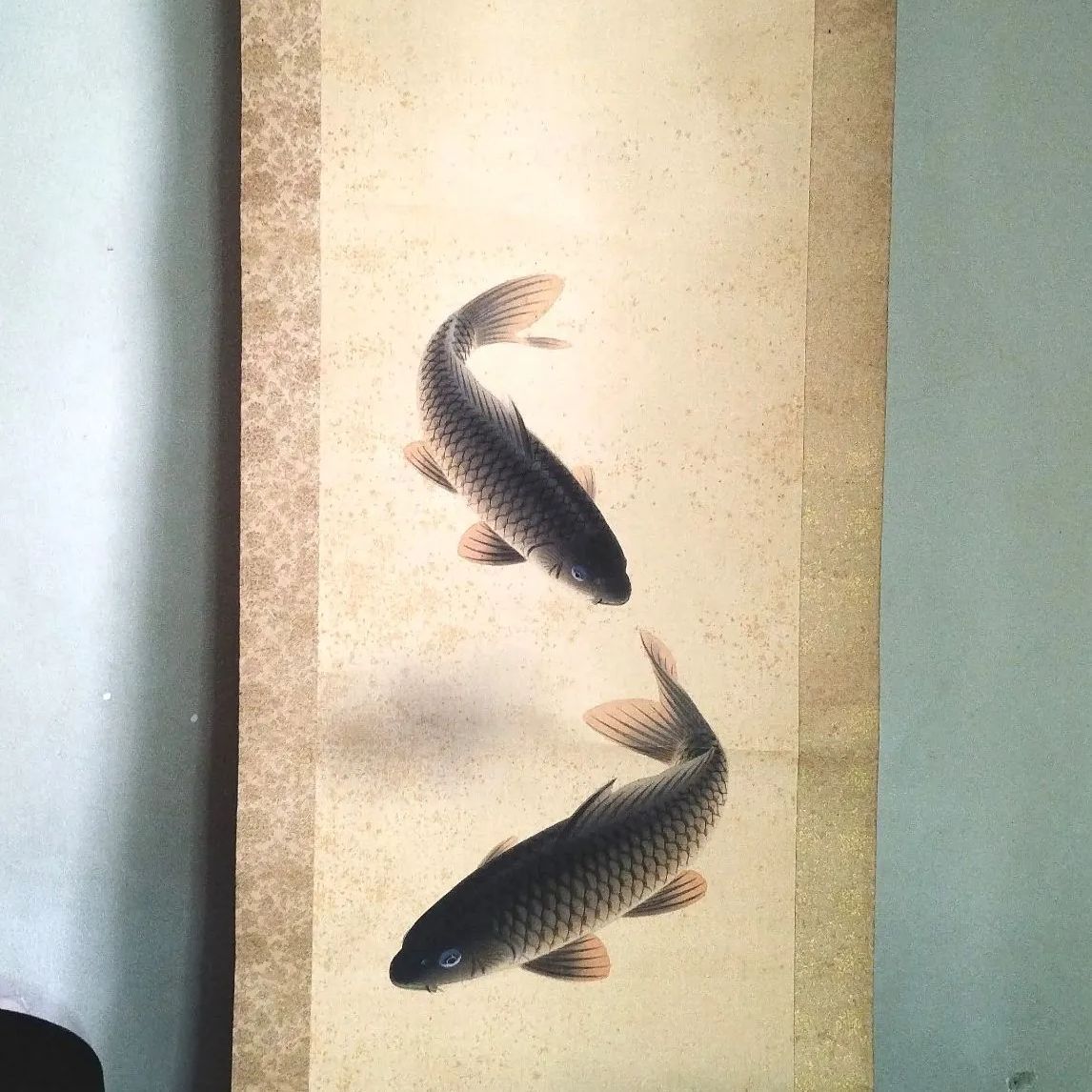 村山松月◇鯉図◇掛軸 書画 日本画 彩色 肉筆 絹本 縁起物