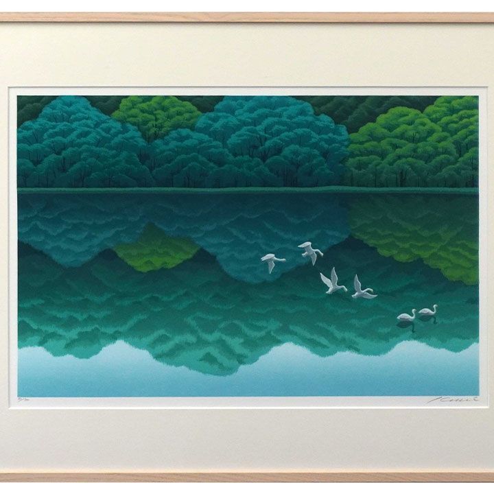 F10号】千住博【月下の湖畔】肉筆/サイン・共シール有/岩彩/油彩/