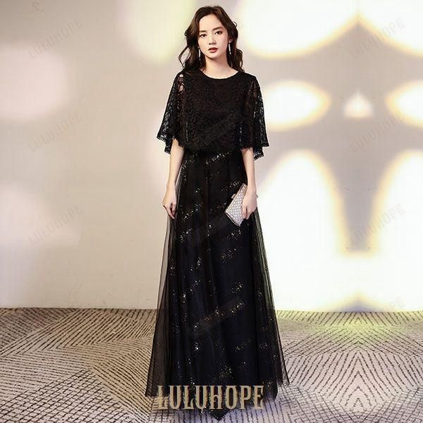 レジャ Leja レースネック透け袖スリットキラキラロングドレス