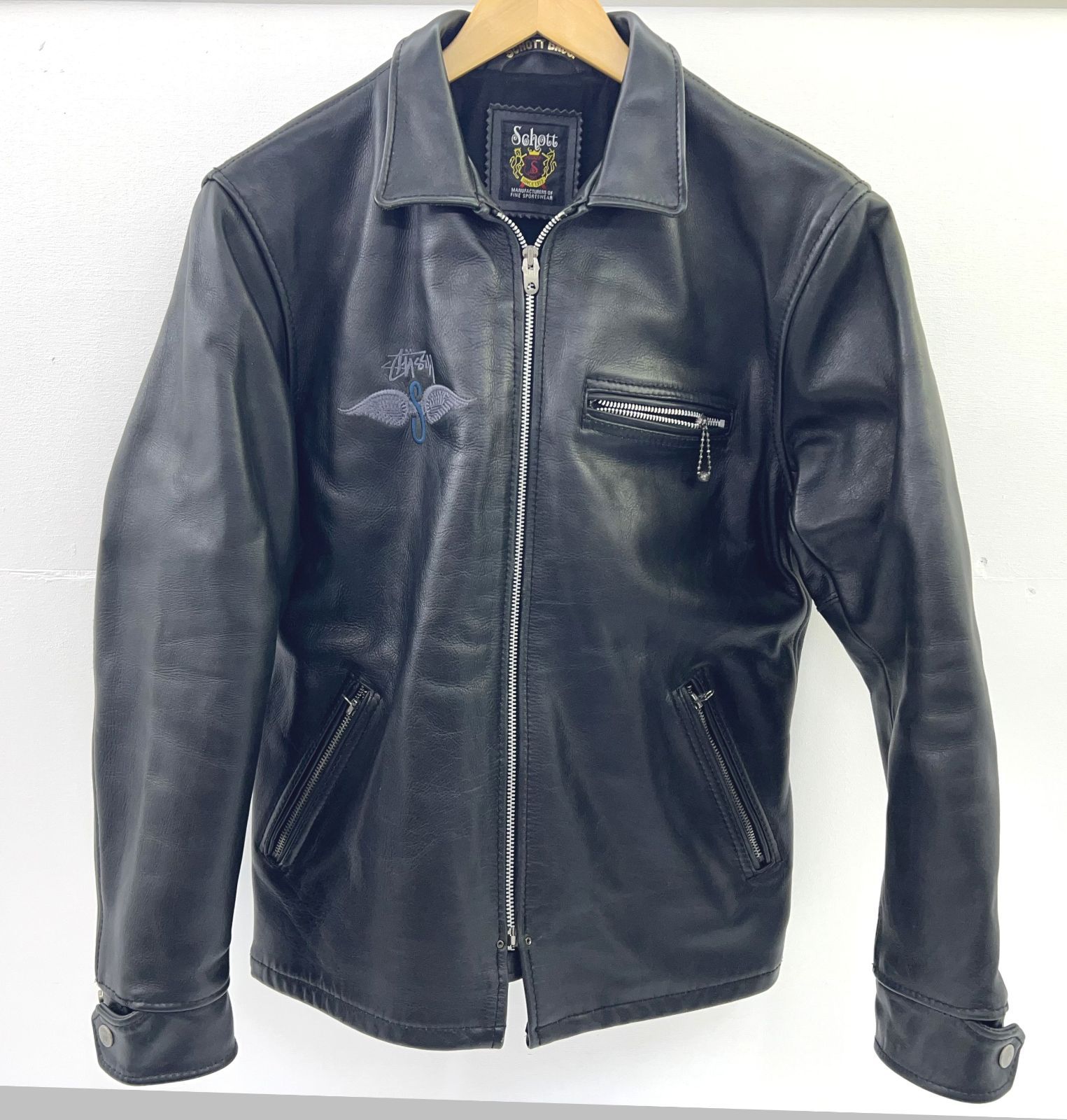 盛岡75-0002】stussy schott コラボ 牛革 シングル レザー ライダース