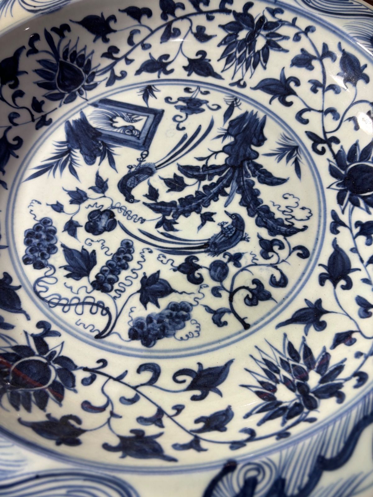 中国古美術品 明清時代 特大 緑釉花草文大皿 40cm 中国美術