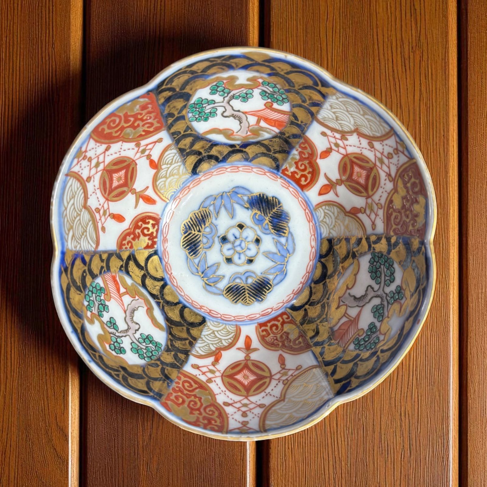 古伊万里色絵手描染付絵付け花形向付五客 古伊万里色絵手描染付絵付け