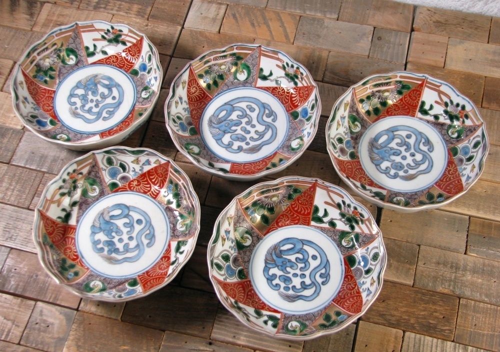 古伊万里明治印判芭蕉文平皿五客 古伊万里明治印判芭蕉文平皿五客