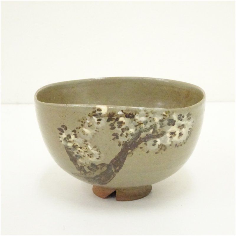 虫明焼 茶碗 茶道具 委託HK◇時代 虫明焼松図茶碗 惺斎書付（茶道具