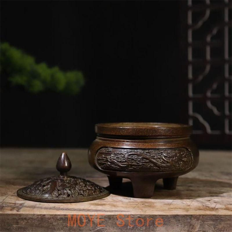 銅器 薫香炉 菱形漁網紋帯蓋香炉 香具 装飾品 工芸品 置物 銅器