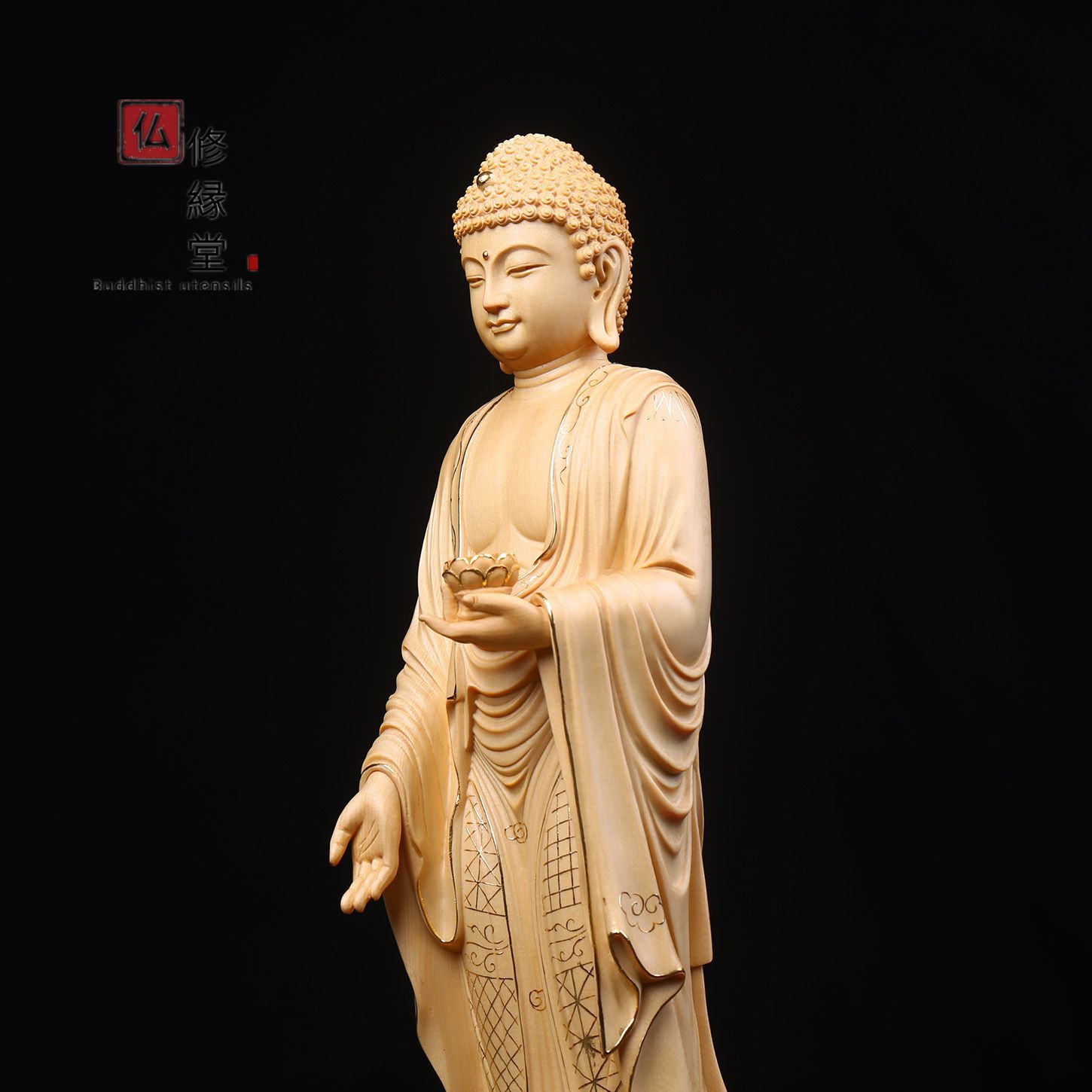 修縁堂】極上品 木彫り 仏像 摩利支天立像 彫刻 彩繪 本金 切金 天然木檜材