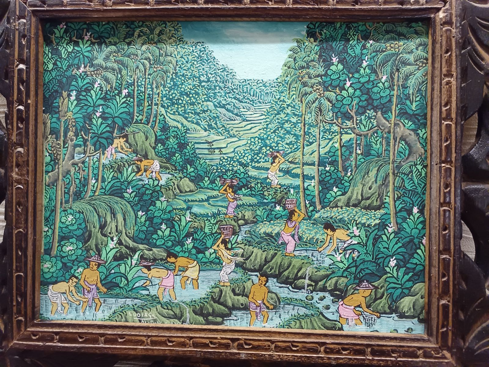 バリ島 油絵 彫刻額付き 絵画バリ島ヤシの木とハンモック No.0508