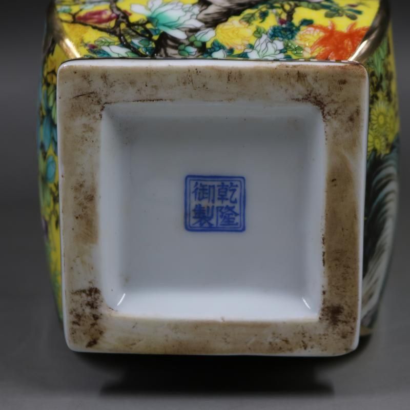 緑地琺瑯彩花鳥紋四角瓶 現代工芸品 美術品 装飾品 置物 緑地琺瑯彩