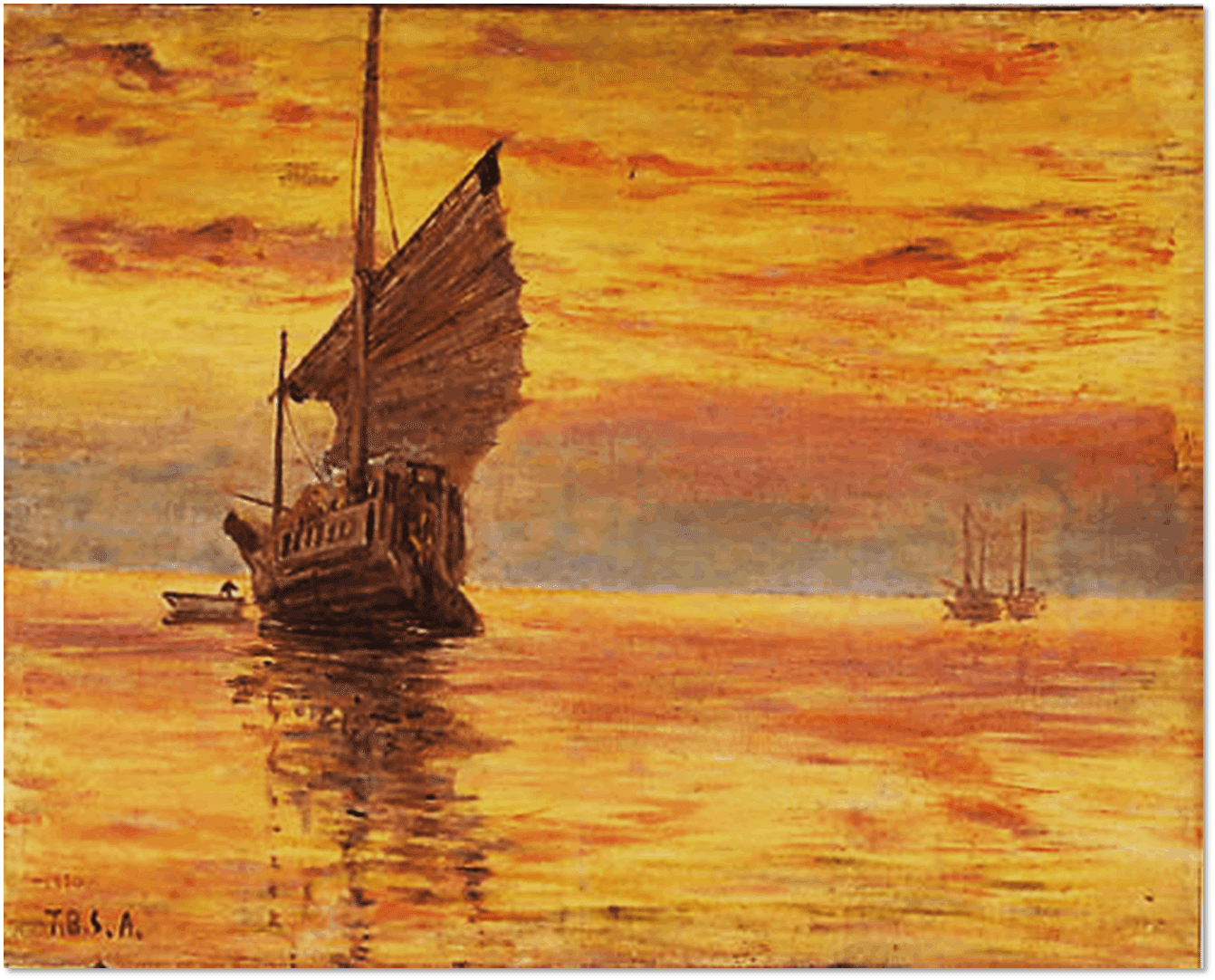 題名夕焼けの海、作者 Kim 、版画No．8/100です。 題名夕焼けの海