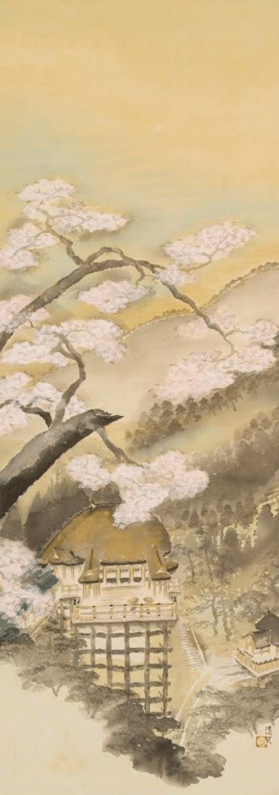 富田渓仙筆絹本彩色画【嵐山風景画】東京美術倶楽部極め箱模写NO66