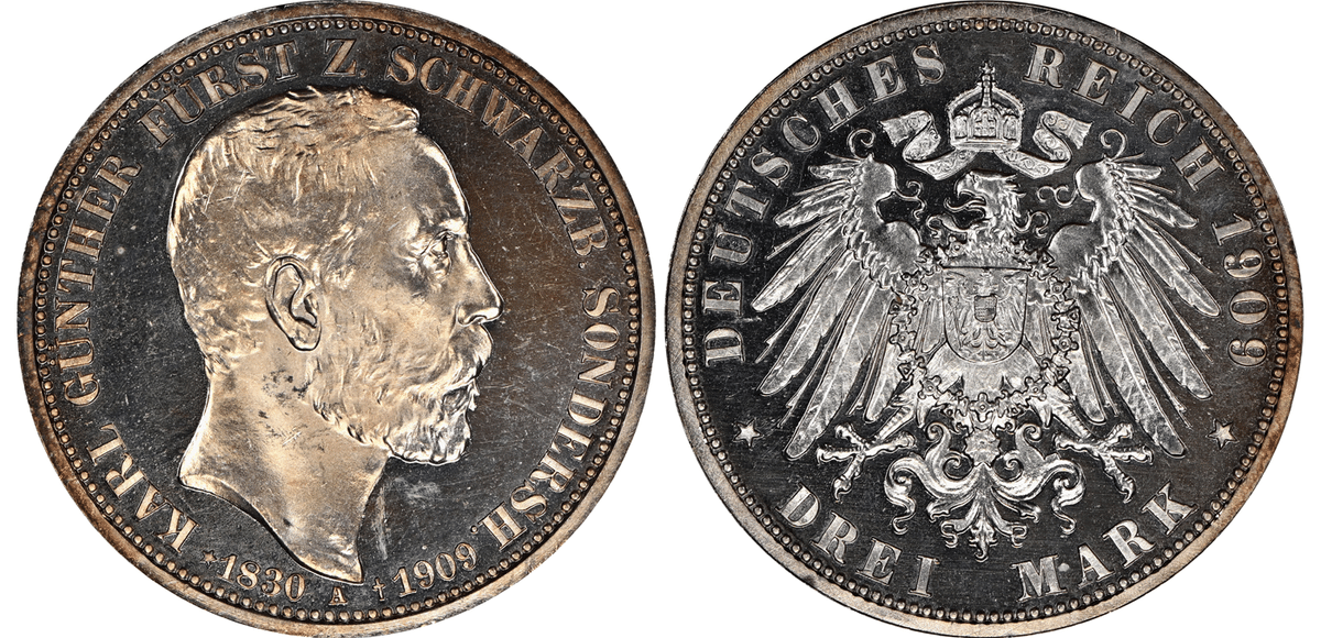 並品』ドイツヴェルテンベルク3マルク銀貨(1909年)F