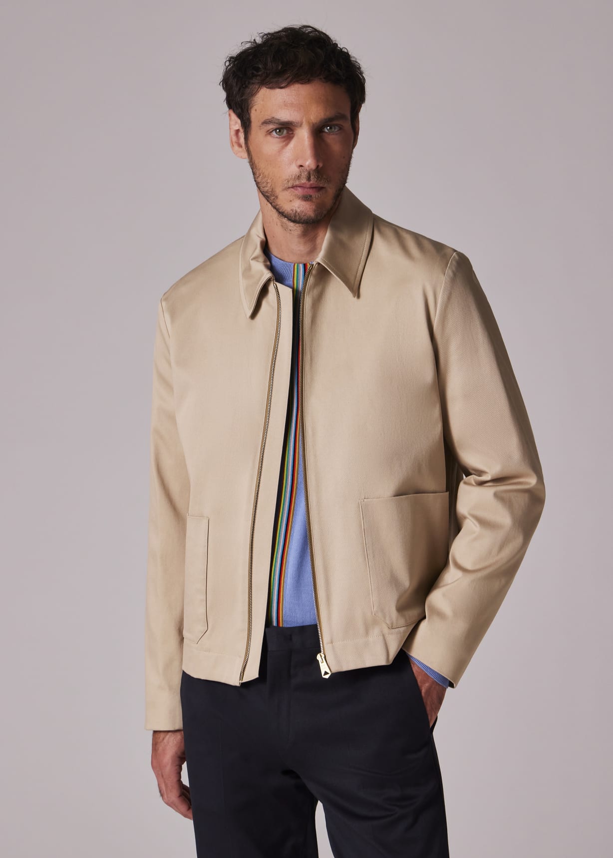 Men's Tan Stretch Cotton-Twill Short Zip Jacket