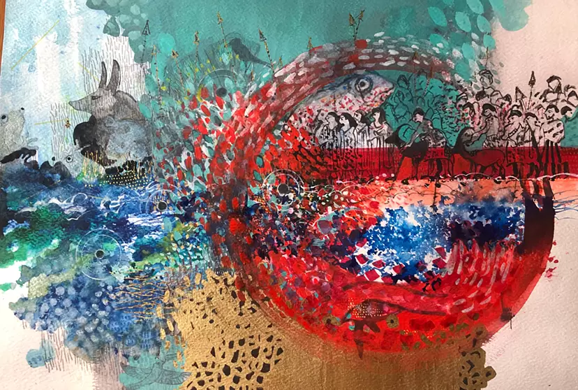 水彩画 遠藤ミマン 約30cm x 25cm「樽前、白鳥」 水彩画 遠藤ミマン 約