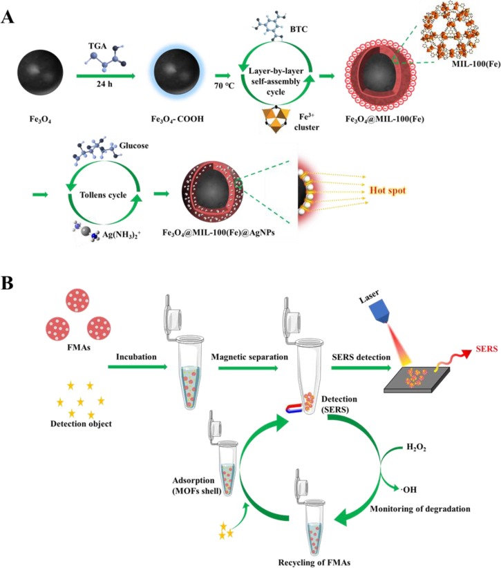 A core-shell-satellite structured Fe3O4@MIL-100(Fe)@Ag SERS