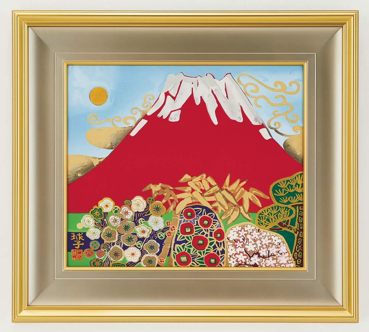 F20号】片岡球子【めでたき富士】肉筆保証/表裏サイン・印譜/岩彩/油彩