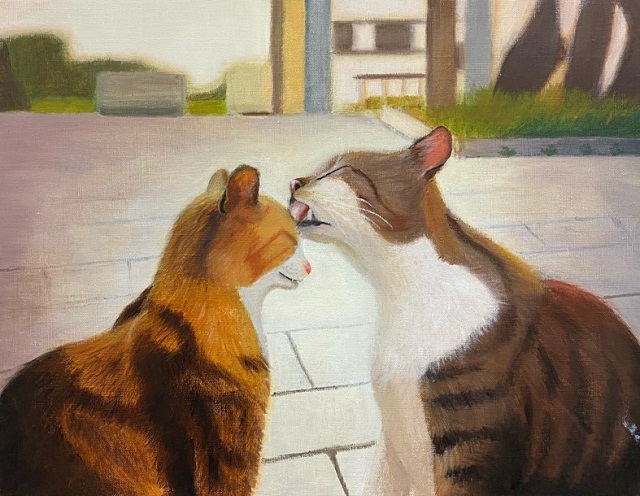油絵 ボルボに乗る猫の家族 油絵ボルボに乗る猫の家族