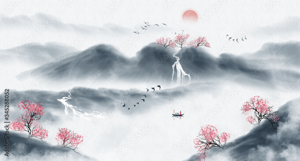 水墨画 / 山水図 】水墨 絵画 骨董品 中国絵画 中国絵図 骨董品 水墨画