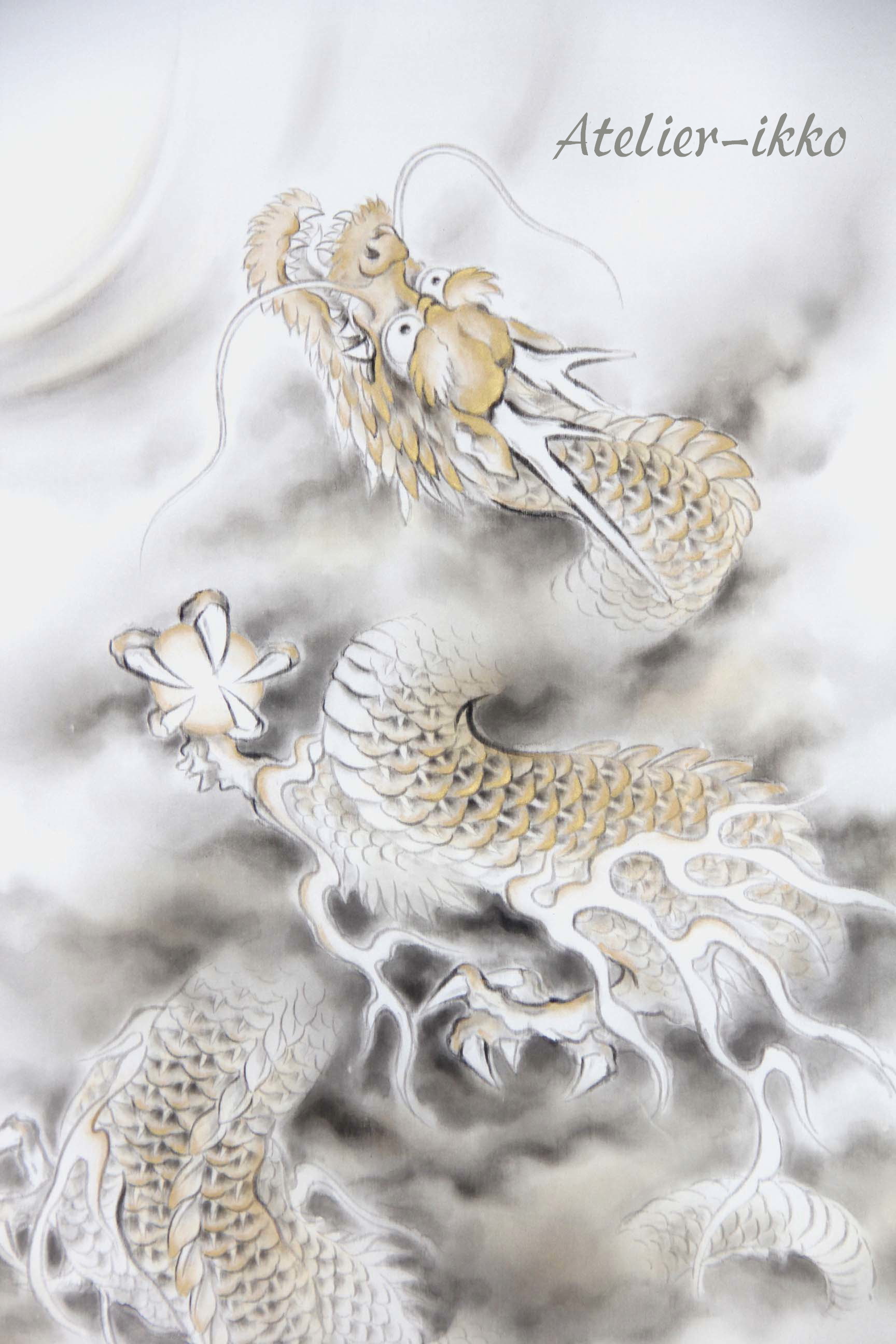 掛け軸(昇龍) 昇龍、日本画 、狩野探幽(複製)木箱入り、中古軸、送料無料