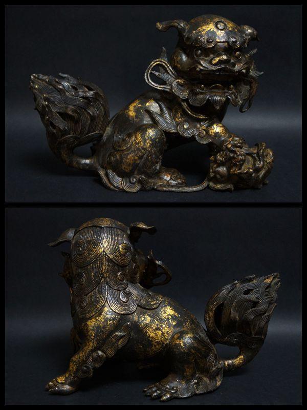 本物保証☆時代品.古銅・玉 古美術 古銅造 特大 絡み獅子 香炉 細密