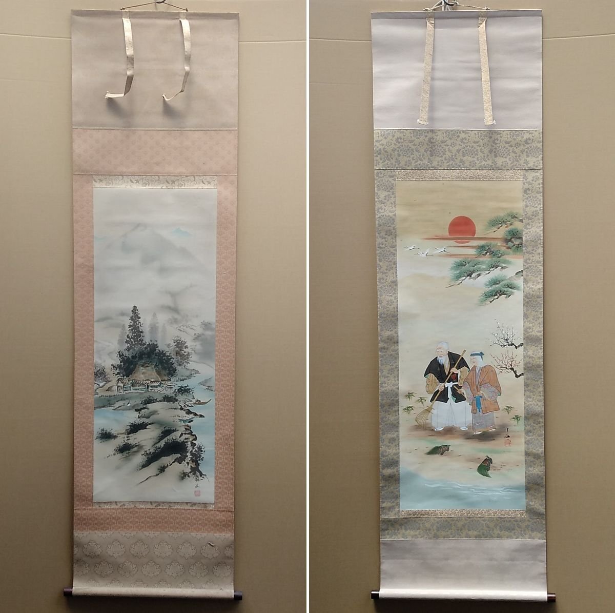 掛け軸 玉芳 彩色山水 絹本 希少 軸装 茶道具 掛軸 美品 です。 掛け軸 玉