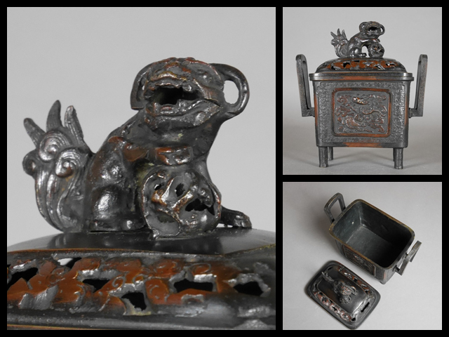 大日本文政年整珉 銅製 獅子摘み 耳付 香炉 香道具獅子 村田