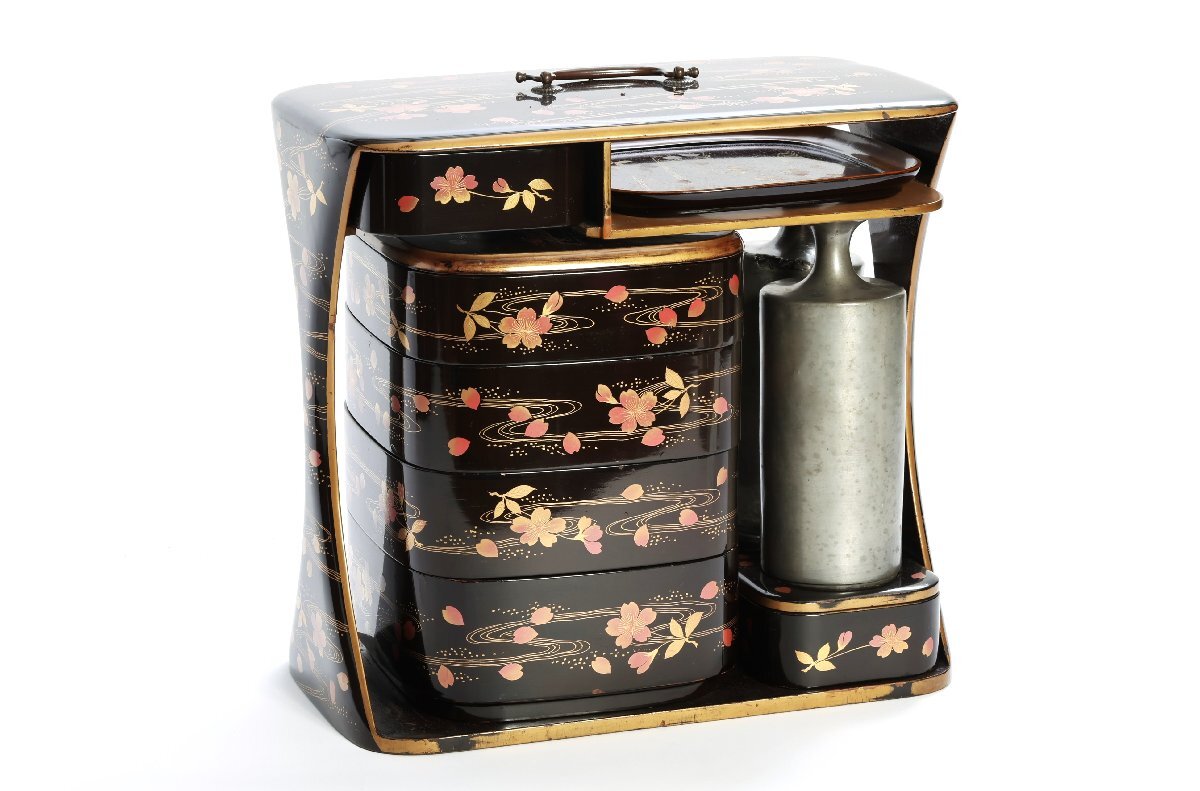 江戸 明治時代 骨董 漆器 金蒔絵 野弁当 重箱 風景花絵 黒塗内朱