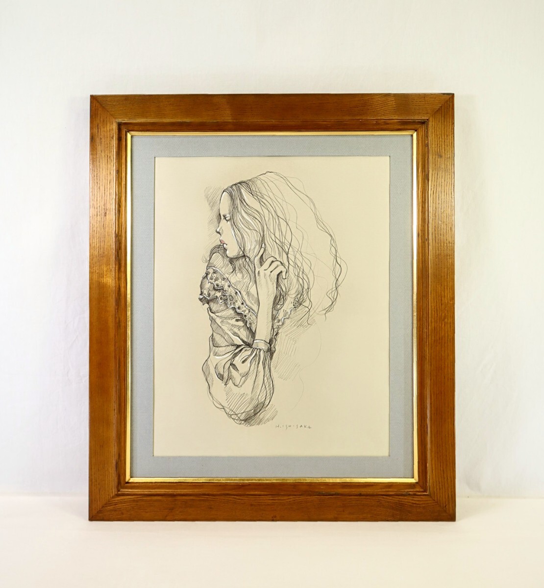 芳山 作】額装 絵画 梅の花 紅白梅図 木目調 浮き彫り風 美術品 芳山