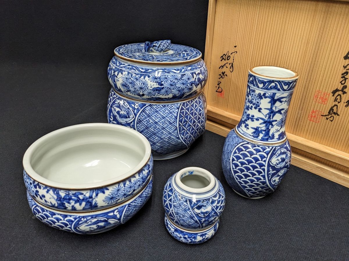 F916 平安 昭阿弥 祥瑞 阿古陀 茶器 共箱 高野昭阿弥 染付 茶入 茶道具