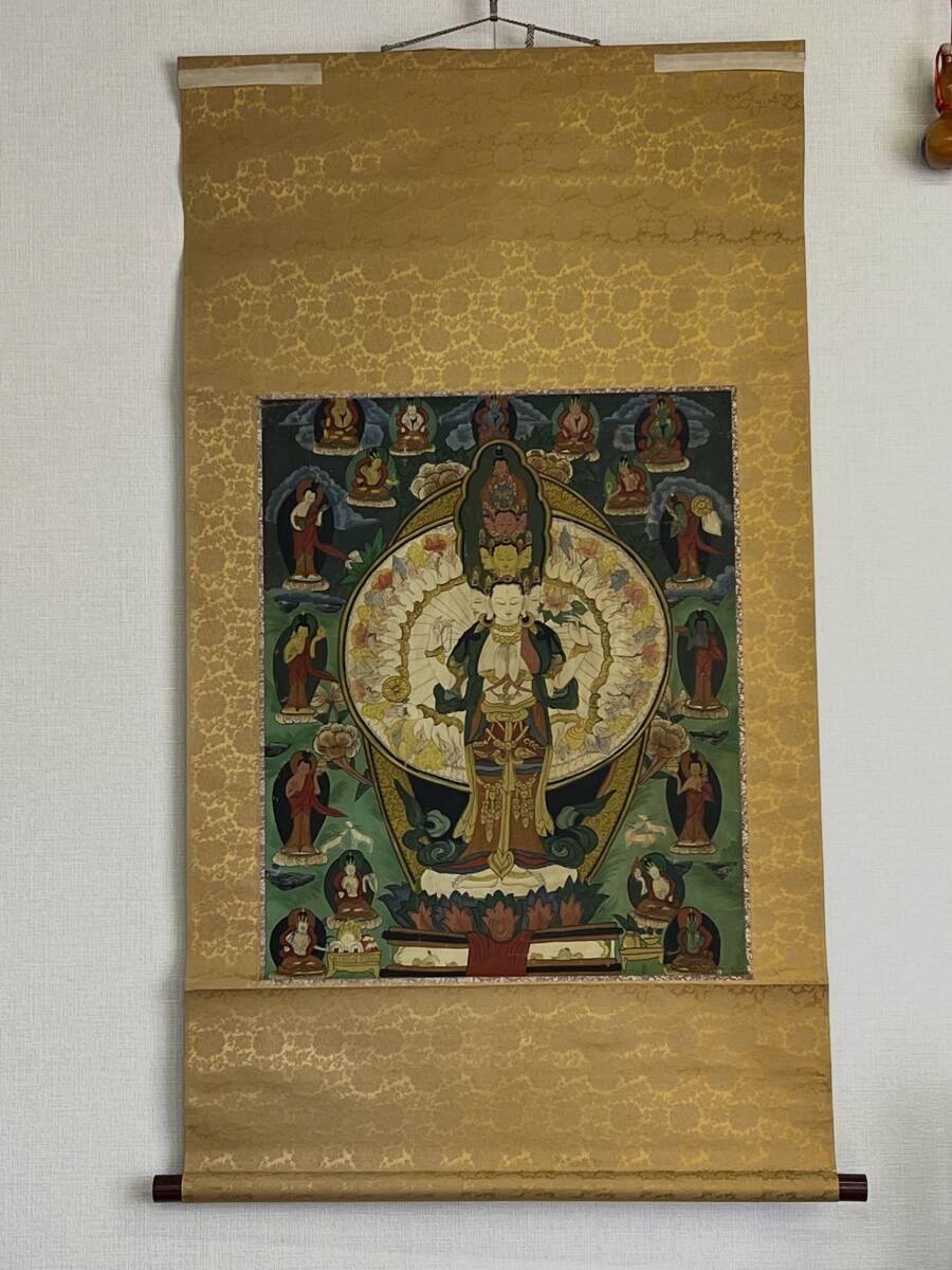青作」時代古美術・XA938仏教美術 チベット密教 15世紀 四臂観音タンカ
