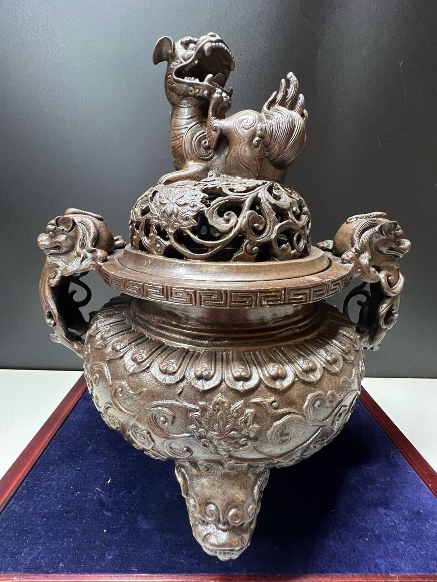 香炉 大明宣徳年製 古銅 巾着型 唐子脚 獅子蓋 【公式通販】