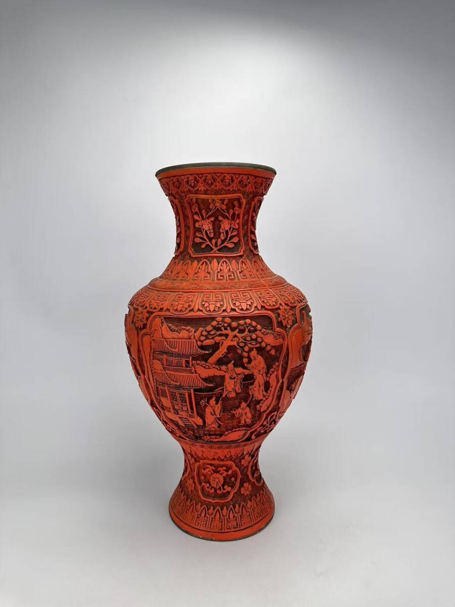 中国美術 堆朱花瓶 人物山水 細密彫刻 煎茶道具 茶道具 アンティーク