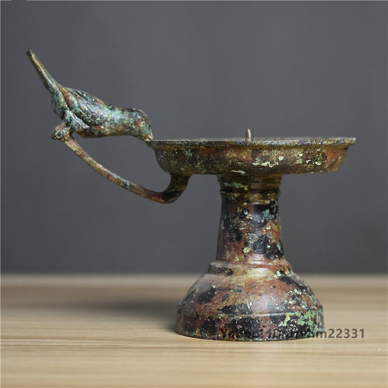 時代青銅製 金工細工 小鳥持ち手 燭台 銅蝋 置物 オブジェ 古美術